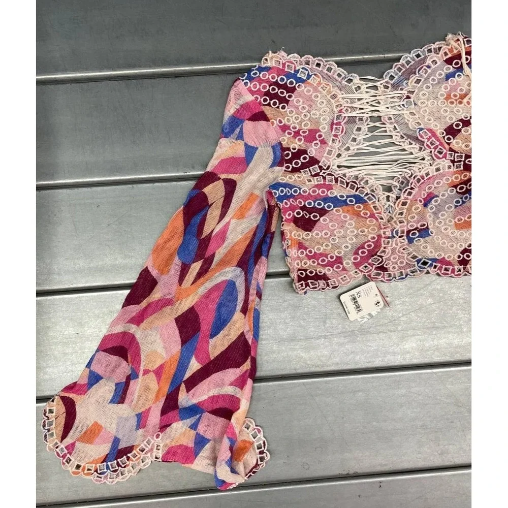 Free People Multicolor Crochet Sequin Bell Sleeve Crop Top